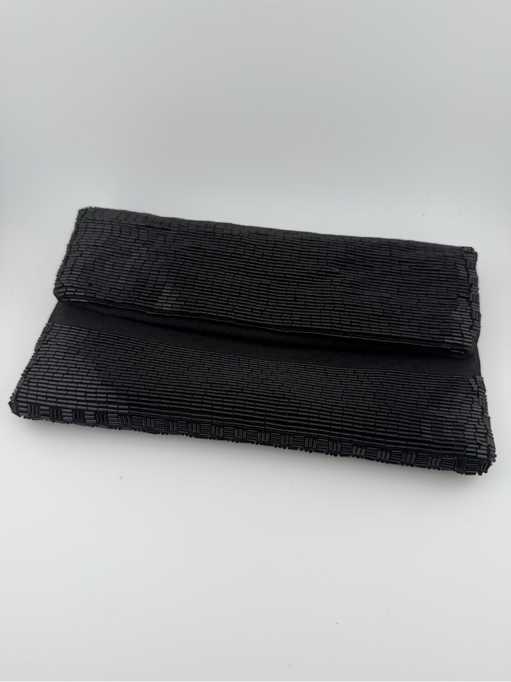Sondra Roberts Black Bugle Beaded Fold-Over Clutch Evening Bag